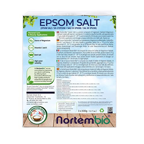 Nortembio Sales de Epsom Pack 3 x 430 g. Fragancias de Canela, Jazmín, Rosas. Hidratadas con Vitamina C y E. Sales de Baño, Aromaterapia, Terapias de Flotación. E-Book Incluido.