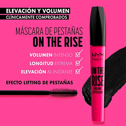 NYX Professional Makeup Máscara de pestañas On The Rise Volume Liftscara, Volumen instantáneo, Aplicador de elastómero, 10 ml, Color: Negro Mate