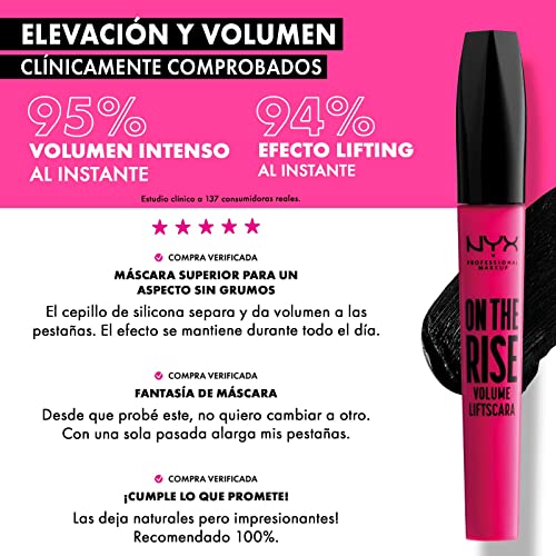 NYX Professional Makeup Máscara de pestañas On The Rise Volume Liftscara, Volumen instantáneo, Aplicador de elastómero, 10 ml, Color: Negro Mate