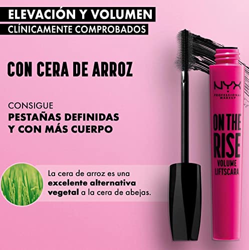 NYX Professional Makeup Máscara de pestañas On The Rise Volume Liftscara, Volumen instantáneo, Aplicador de elastómero, 10 ml, Color: Negro Mate