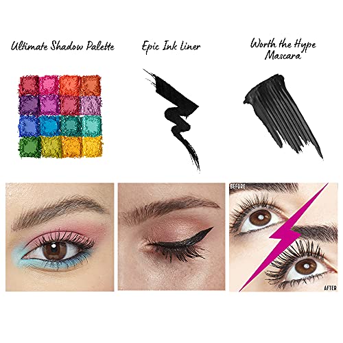 NYX Professional Makeup Set de Maquillaje para Ojos, Paleta de Sombras Ultimate Shadow Brights, Blending Brush, Eyeliner Epic Ink, Rizador de Pestañas Eyelash Curler, Máscara Worth the Hype