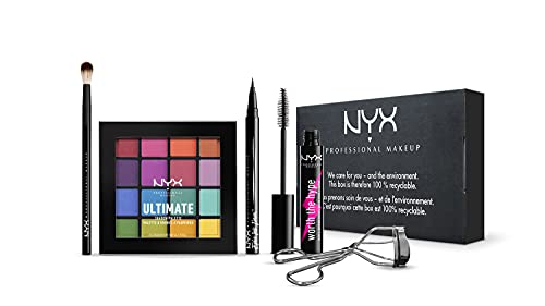 NYX Professional Makeup Set de Maquillaje para Ojos, Paleta de Sombras Ultimate Shadow Brights, Blending Brush, Eyeliner Epic Ink, Rizador de Pestañas Eyelash Curler, Máscara Worth the Hype