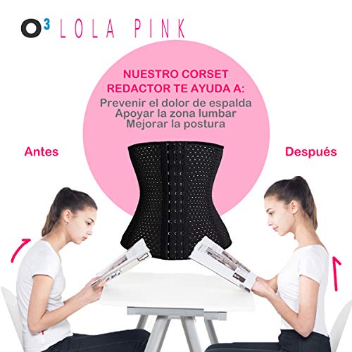 O³ Corset Reductor Adelgazante Mujer – Tallas S – XXXL | Fajas Reductoras Adelgazantes para Body Mujer Lola Pink– Fajas Colombianas Cómodas y Ligeras – Negro L/40