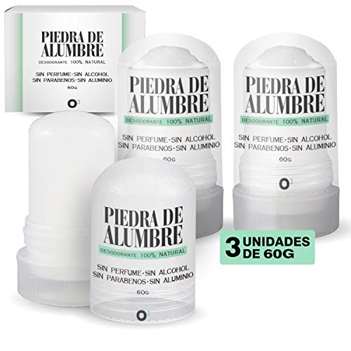 O³ Piedra de Alumbre Desodorante - 3 Unidades de 60g -100% Natural - Sin Aluminio - sin Parabenos - Desodorante Natural Hombre y Mujer