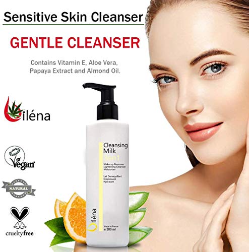 Oïléna Leche Facial Desmaquillante con Vitamina E y Aloe Vera 3en1 Limpiador de Poros Antimanchas Hidratante Waterproof Contorno de Ojos Corrector Ojeras Elimina el maquillaje y las manchas 200 ml