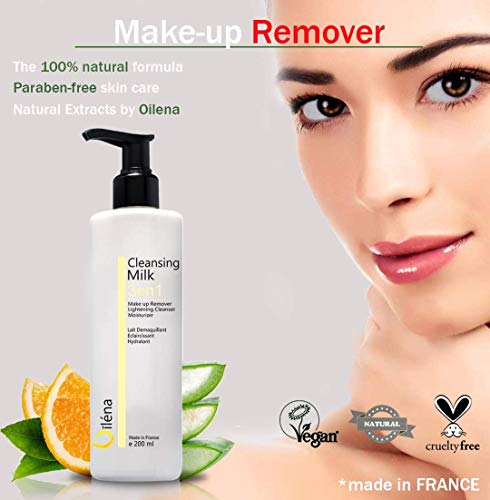 Oïléna Leche Facial Desmaquillante con Vitamina E y Aloe Vera 3en1 Limpiador de Poros Antimanchas Hidratante Waterproof Contorno de Ojos Corrector Ojeras Elimina el maquillaje y las manchas 200 ml