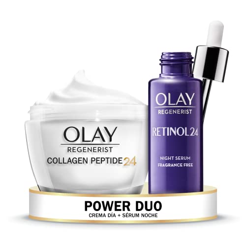 Olay Regenerist Collagen Peptide24 Crema de Día Sin Perfume + Sérum de noche, Sérum retinol sin fragancia para una piel suave y radiante