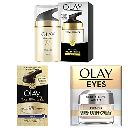 Olay Total Effects SPF 30 7 en 1 + crema de noche hidratante reafirmante + Eye Cream para Ojeras, Arrugas y Bolsas