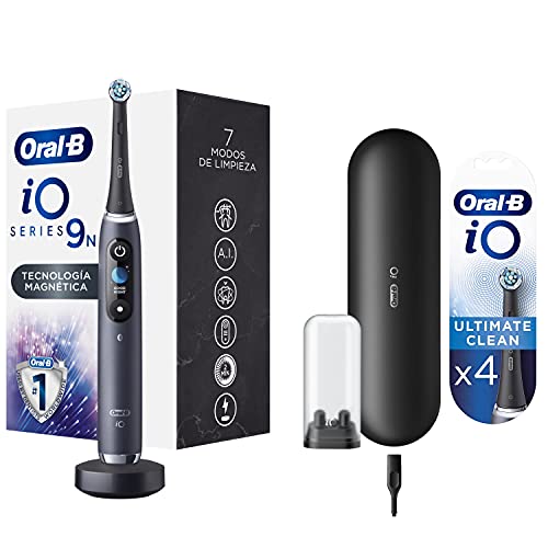 Oral-B iO 9n Cepillo De Dientes Eléctrico, 1 Mango Negro Recargable Con Tecnología Magnética De Braun, 1 Cabezal, 1 Estuche Viaje Premium + Pack de 2 Cabezales De Recambio Originales iO Ultimate Clean