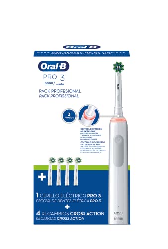 Oral-B Pack Profesional PRO 3 3000 Cepillo de Dientes Eléctrico con Tecnología Braun + 4 Cabezales de Recambio CrossAction - Blanco