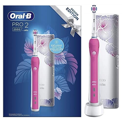 Oral-B Pro 2 2500 - Cepillo de dientes eléctrico recargable con 1 mango sensor de presión, 1 cepillo y 1 funda de viaje, color rosa, elimina hasta 100% de placa dental, idea regalo