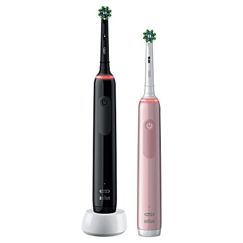 Oral-B PRO 3 Cepillos de Dientes Eléctricos (Pack de 2) con Mangos Recargables, Tecnología Braun y 2 Cabezales de Recambio y Control de Presión, 3900 N, - Rosa/Negro