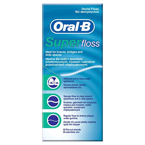 Oral-B Seda Dental Super Floss Ortodoncias y Puentes, 50 hebras precortadas