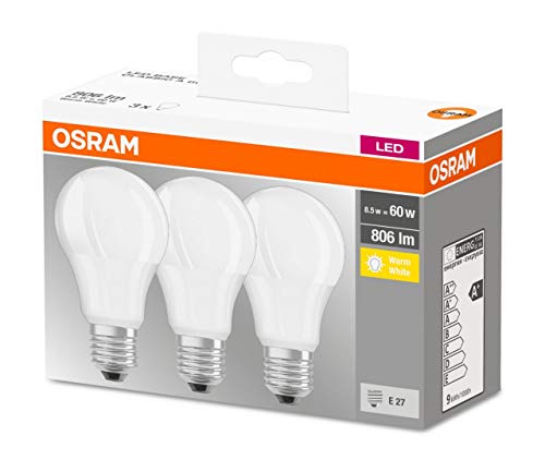 Osram Base Classic A - Lámpara LED, E27, 60W, Color cálido, Paquete de 3