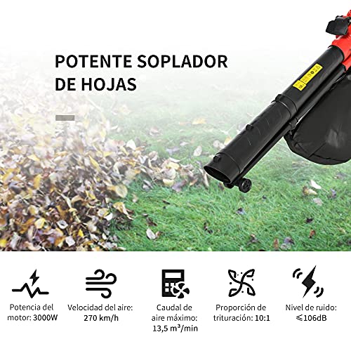 Outsunny 3 en 1 Aspirador Soplador y Triturador de Hojas Eléctrico Potencia 3000W Velocidad de 270 km/h con Bolsa Colectora 45L y 2 Ruedas 118x17x29 cm Negro