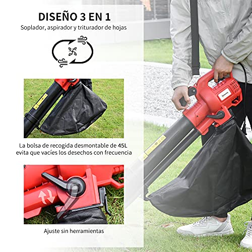 Outsunny 3 en 1 Aspirador Soplador y Triturador de Hojas Eléctrico Potencia 3000W Velocidad de 270 km/h con Bolsa Colectora 45L y 2 Ruedas 118x17x29 cm Negro