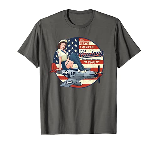 P51 Mustang Avión Para Hombres Segunda Guerra Mundial Pinup Camiseta