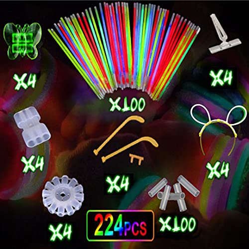 Pack fiesta, barras luminosas, 224 piezas, 100 palos de color, 100 conectores para pulseras fluorescentes que brillan + 24 conectores para crear gafas, pelotas, flores, diademas y collares.