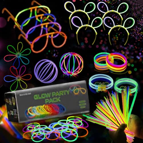 Pack fiesta, barras luminosas, 224 piezas, 100 palos de color, 100 conectores para pulseras fluorescentes que brillan + 24 conectores para crear gafas, pelotas, flores, diademas y collares.