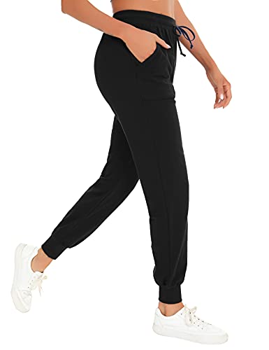 Pantalon Chandal Mujer 100% Algodón Pantalones Deportivos Mujer Verano con Bolsilpara, Pantalon Chandal Mujer Largo Talla Grande para Gimnasio Deportes Correr Jogging (A-Negro，L