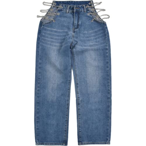 Pantalones Vaqueros Sexis de Cintura Alta para Primavera/Verano, Pantalones Rectos de Cadena Lavada para Mujer, Moda Femenina cómoda Que combina con Todo L