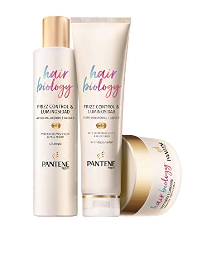 Pantene Hair Biology Frizz Control Y Luminosidad Con Ácido Hialurónico y Omega 9 Anti encrespamiento Champu 250ml + Acondiconador Pelo 160ml + Mascarilla Pelo 160ml