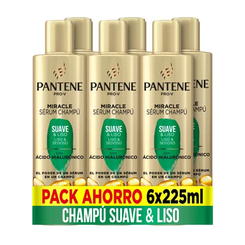 Pantene Pro-V Champú Miracle Serum Suave & Liso con ácido hialurónico, la eficacia de un sérum en un champú, para cabello seco y sin vida, 225ml x 6