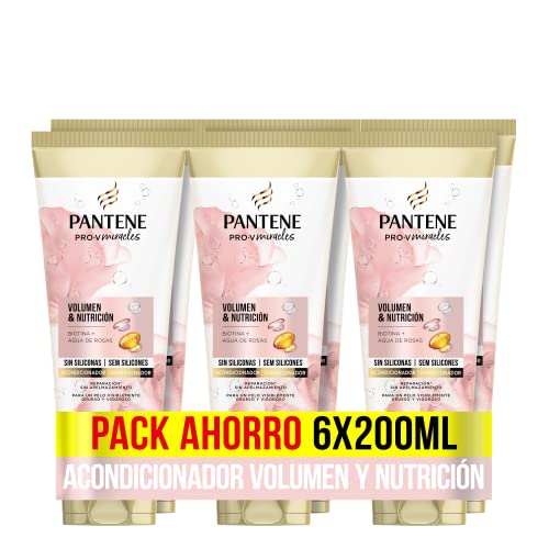 Pantene Pro-V Miracles Acondicionador Volumen & Nutrición Sin Siliconas Para Un Pelo Con Cuerpo Y Volumen Con Biotina + Agua De Rosas, 200ml x6