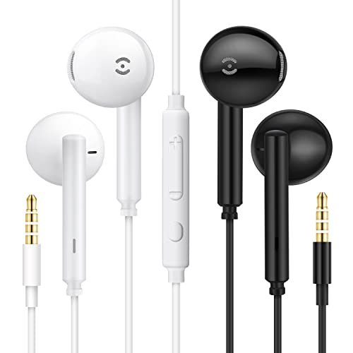 (Paquete de 2, Negro+Blanco) Auriculares MAS CARNEY WH6 estéreo con micrófono y Control de Volumen Compatible con teléfono móvil, computadora, computadora portátil, MP3