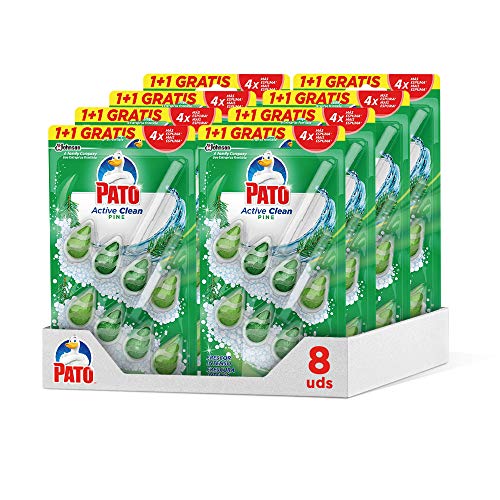 Pato Active Clean 1+1 - Colgador wc, frescor intenso, perfuma limpia y desinfecta el inodoro, aroma Pino. (Pack 8 unidades)