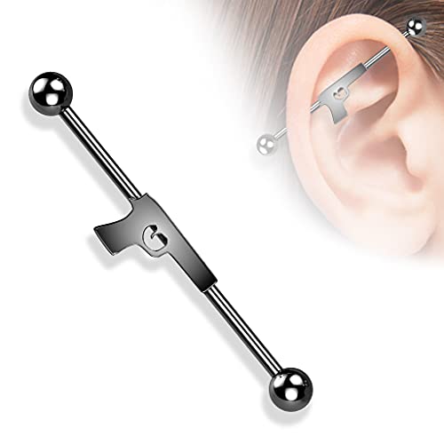 Paula & Fritz Piercing industrial para la oreja, en forma de pistola, acero quirúrgico, 38 mm de longitud, 1,6 mm de grosor, multicolor, juego de piercings con trinquete, revólver, Acero inoxidable