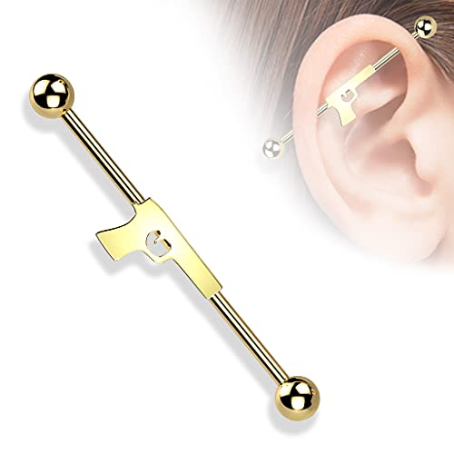 Paula & Fritz Piercing industrial para la oreja, en forma de pistola, acero quirúrgico, 38 mm de longitud, 1,6 mm de grosor, multicolor, juego de piercings con trinquete, revólver, Acero inoxidable