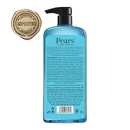 Pears Pure & Gentle Gel de Ducha 750ml | Extracto de Menta | Gel de Ducha Refrescante y Calmante con Menta y Mentol