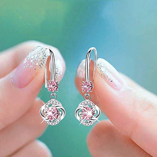 Pendientes largos Mujer Plata de Ley 925,aretes largos de mujer, pendientes niña largos colgantes forma de gota, Zirconia color Rosa, incluida caja regalo