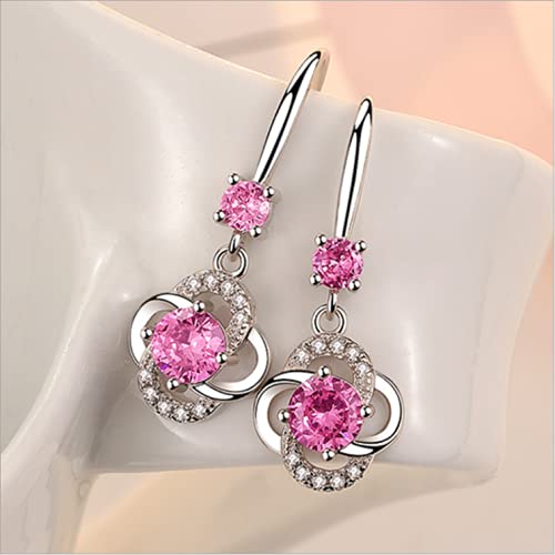 Pendientes largos Mujer Plata de Ley 925,aretes largos de mujer, pendientes niña largos colgantes forma de gota, Zirconia color Rosa, incluida caja regalo