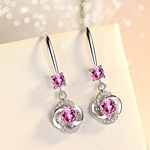 Pendientes largos Mujer Plata de Ley 925,aretes largos de mujer, pendientes niña largos colgantes forma de gota, Zirconia color Rosa, incluida caja regalo