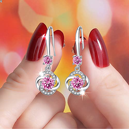 Pendientes largos Mujer Plata de Ley 925,aretes largos de mujer, pendientes niña largos colgantes forma de gota, Zirconia color Rosa, incluida caja regalo