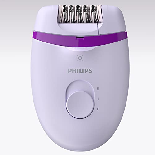 Philips Depiladora Satinelle Essential BRE275/30 - Depiladora mujer para piernas con cable compacta, luz Opti-Light, 2 ajustes de velocidad y 4 accesorios, morado