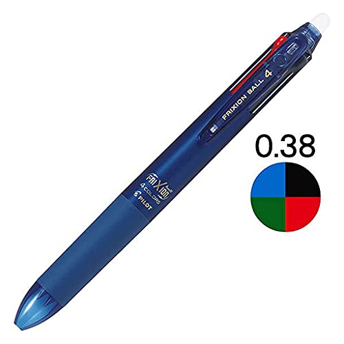 Pilot Bolígrafo, Frixion Ball 4, 0.38mm Ultra Fine, 4 Colores (Negro, Rojo, Azul y Verde), Cuerpo Azul Negro (PLKFB80UF-BB)