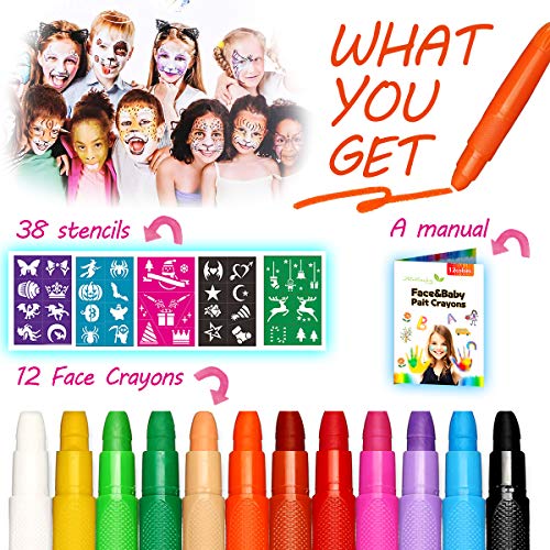 Pinturas Cara para Niños-Alotlucky 12 Colores Pinturas Faciales y Corporales, Pintura Facial no Tóxicos con y 5 Plantillas-Perfectos para Navidad,Fiestas Temáticas,Cosplay,Halloween