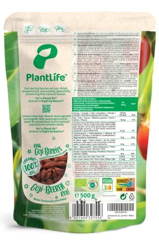 PlantLife Bayas de goji BÍO 500g – bayas crudas muy grandes – secadas al sol y sin tratar - 100% reciclable