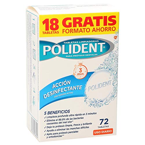 Polident Acción Desinfectante, Tabletas Limpiadoras Para Prótesis Dentales, Férula Dental Y Ortodoncia, 3 Minutos, 72 Tabletas