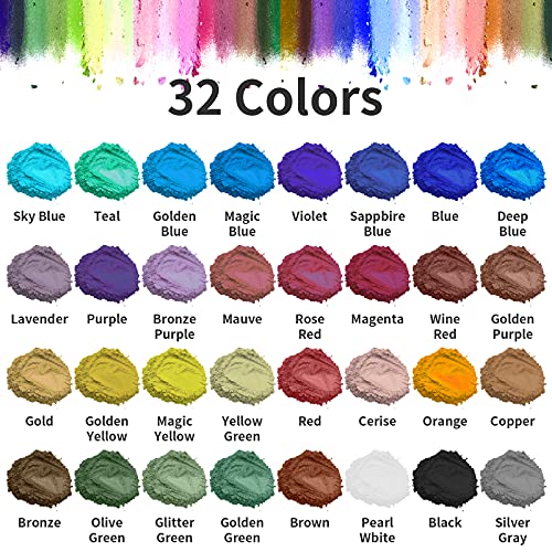 Polvo de mica - Pigmento de resina epoxi de 32 colores, tinte de jabón natural, tinte en polvo metálico para hacer joyas, bombas de baño, velas, decoración de uñas (5 g por botella)