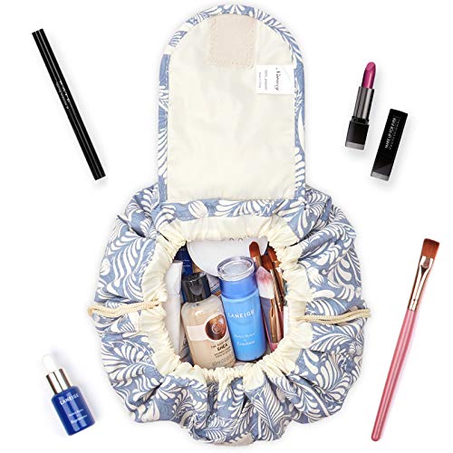 Portátil Lazy Drawstring Bolsa de Maquillaje de Viaje Bolsa de cosméticos Organizador de artículos de tocador Impermeable Grande para Mujeres y niñas (Hoja Azul)