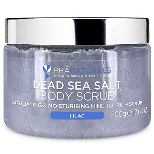 PraNaturals Exfoliante de Sal del Mar Muerto y Lilas 500G –Hidratante y nutritivo, Delicada Fragancia Floral, Rica en Aceites y Minerales Naturales, Sin Parabenos, Vegana y Libre de Crueldad