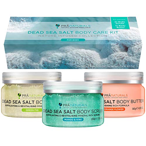 PraNaturals - Kit de cuidado corporal con sales del Mar Muerto - Exfoliante y manteca corporal hidratante para una piel suave - Mango y Kiwi, Higo Verde, Flor de Naranja - Vegano y Cruelty Free