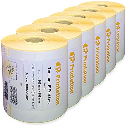 Printation Etiquetas para envío, 103 x 199 mm, color blanco, DHL, DPD, GLS, UPS – 1500 103 x 199 mm, 6 rollos, 250 etiquetas térmicas por rollo, adhesivo permanente para paquetes, diseño de cebra