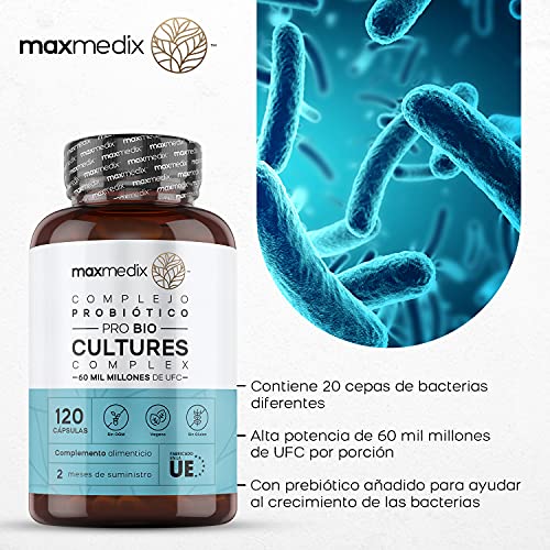 Probióticos Intestinales 60 Mil Millones de UFC, 20 Cepas Bacterianas 120 Cápsulas Vegano - Con Lactobacillus, Bifidobacterium y Inulina Bio, Probióticos y Prebióticos Para la Flora Intestinal