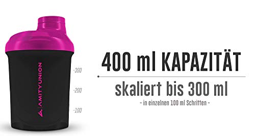 Protein Shaker Deluxe 400 ml a prueba de fugas, sin BPA, con tamiz y escala - ORIGINAL - para batidos cremosos de proteína de suero en polvo, aislados de proteínas y concentrados de BCAA, negro