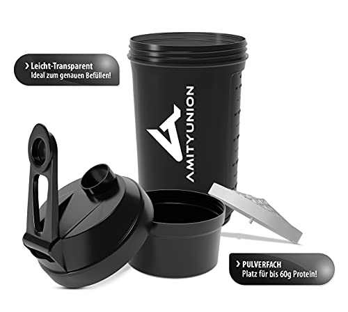 Proteína Shaker FYRA 700 ml - a prueba de fugas, BPA libre, con tamiz y escala, para batidos cremosos, de proteínas agitadores, para aislamientos y concentrados Iso Sport (black)